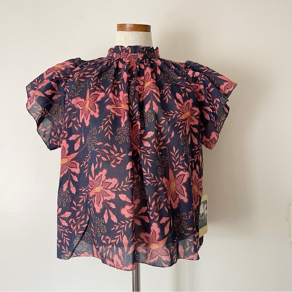 Anthropologie Birds of Paradise Pink floral cotton blouse NWT Small